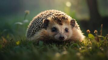 A close-up of a hedgehog resting on grass in a serene, natural setting. photo