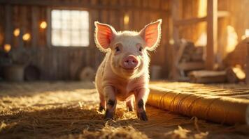 A playful piglet walks through a rustic barn, illuminated by warm sunlight. photo