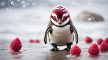 A whimsical penguin with a red hat stands among raspberries on a snowy beach. photo