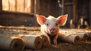 A cute piglet resting on rolled-up burlap in a rustic barn setting. photo