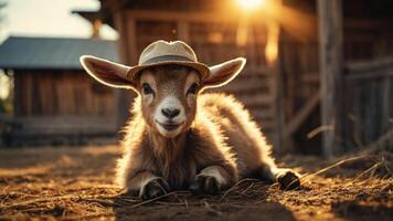 A playful goat wearing a straw hat, lounging in a rustic farm setting at sunset. photo