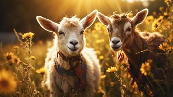 Two playful goats smiling in a sunlit field of flowers. photo
