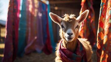 A goat wearing a colorful scarf stands among vibrant fabrics in a rustic setting. photo