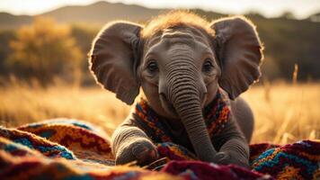A playful baby elephant lounging on a colorful blanket in a natural setting. photo