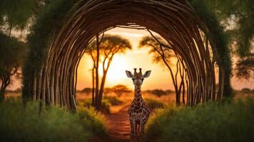 A giraffe stands at the end of a bamboo archway during sunset in a serene landscape. photo