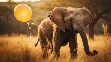 An elephant in a golden field holding a balloon, evoking a whimsical and joyful atmosphere. photo