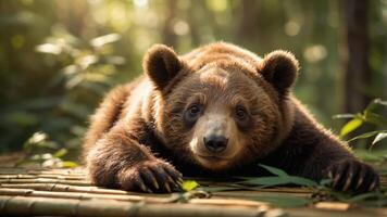 A close-up of a bear resting on bamboo, surrounded by a serene, natural environment. photo