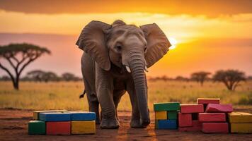 An elephant stands near colorful blocks at sunset in a serene landscape. photo