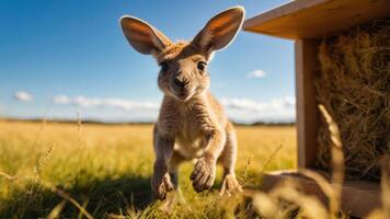 A playful kangaroo jumps in a sunny field near a wooden structure. photo
