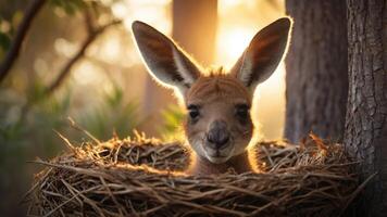 A kangaroo joey peeks out from a nest surrounded by trees and soft sunlight. photo