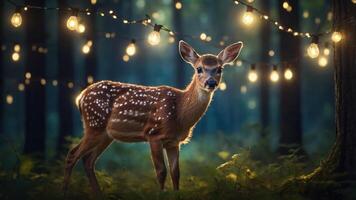 A young deer stands in a forest illuminated by string lights, creating a magical atmosphere. photo