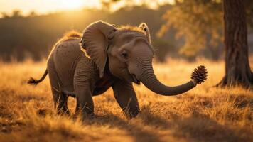 A playful elephant calf in golden sunlight, exploring its environment with curiosity. photo