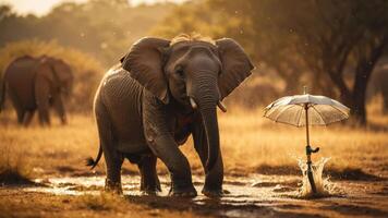 An elephant playfully interacts with an umbrella in a sunlit savannah setting. photo