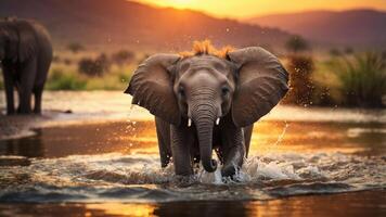 A young elephant splashes in a river at sunset, showcasing the beauty of wildlife. photo