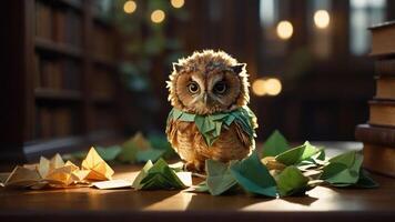 A whimsical owl made of paper surrounded by origami leaves in a cozy library setting. photo