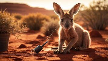 A kangaroo playfully interacts with a watering can in a desert landscape at sunset. photo