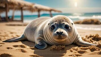 A seal resting on a sandy beach with gentle waves in the background. photo