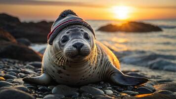 A seal wearing a hat resting on a rocky beach at sunset. photo
