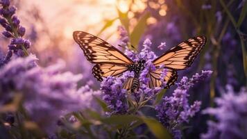 A butterfly resting on purple flowers during a serene sunset. photo