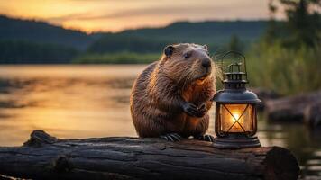 A beaver beside a lantern on a log by a lake during sunset. photo