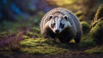 A badger walking through a lush, mossy forest setting, illuminated by soft, natural light. photo