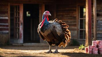 A turkey stands prominently in front of a rustic building. photo