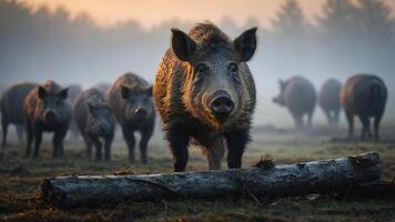 A group of wild boars in a misty landscape at dawn, creating a serene wildlife scene. photo