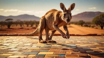 A kangaroo walking on a colorful path in a natural landscape under a clear sky. photo