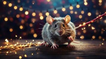 A cute mouse surrounded by sparkling lights and a festive atmosphere. photo