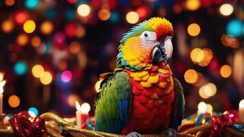 A colorful parrot perched among festive decorations and candles, creating a vibrant atmosphere. photo