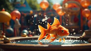A vibrant goldfish leaps from a fountain, surrounded by colorful decorations in a festive setting. photo