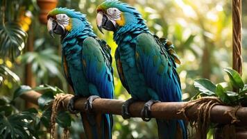 Two vibrant blue and green macaws perched on a branch amidst lush greenery. photo