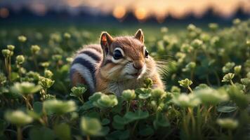 A close-up of a chipmunk in a field of clover during sunset. photo