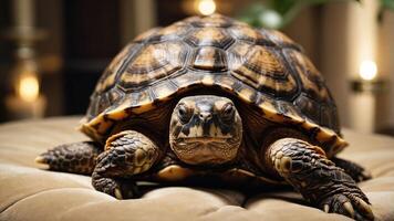 A close-up of a tortoise resting on a soft surface, showcasing its intricate shell patterns. photo