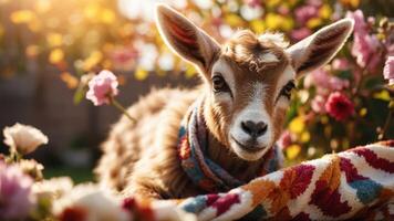 A cute goat resting among colorful flowers, wearing a decorative scarf in a sunny garden. photo