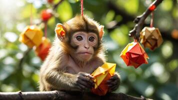A young monkey interacts with colorful origami decorations hanging from a tree branch. photo