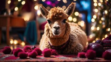 A cozy indoor scene featuring a relaxed llama surrounded by festive decorations. photo