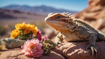 A lizard resting on a rock surrounded by colorful flowers in a desert landscape. photo