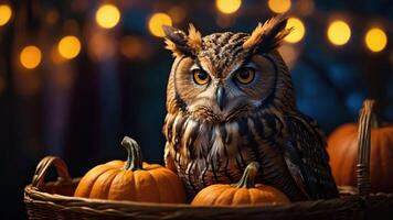 An owl sits among pumpkins, creating a cozy autumn atmosphere with soft lighting. photo