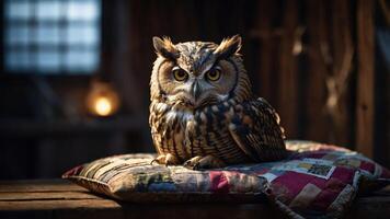A majestic owl perched on a colorful quilted pillow in a rustic setting. photo
