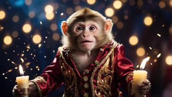 A monkey dressed in a fancy outfit holds candles, creating a whimsical and festive scene. photo
