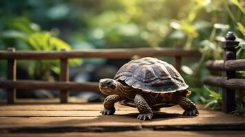 A turtle explores a wooden platform in a lush, green environment. photo
