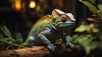 A colorful chameleon perched on a branch amidst lush greenery. photo