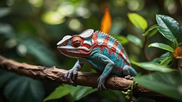A colorful chameleon resting on a branch surrounded by lush green foliage. photo