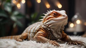 A close-up of a bearded dragon resting on a soft surface with warm lighting. photo