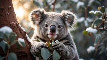 A koala holds eucalyptus leaves while perched on a tree, showcasing its natural habitat. photo