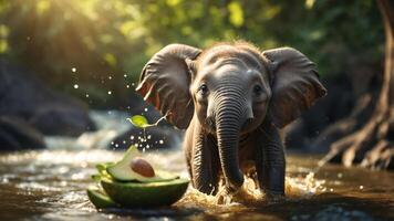 A playful baby elephant splashes in water, interacting with an avocado and an egg. photo