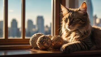 A serene cat resting by a window with decorative balls and a cityscape in the background. photo