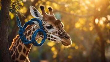 A close-up of a giraffe with a blue loop around its neck, set against a warm, natural background. photo