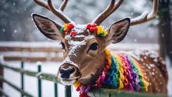 A festive reindeer adorned with colorful decorations in a snowy landscape. photo